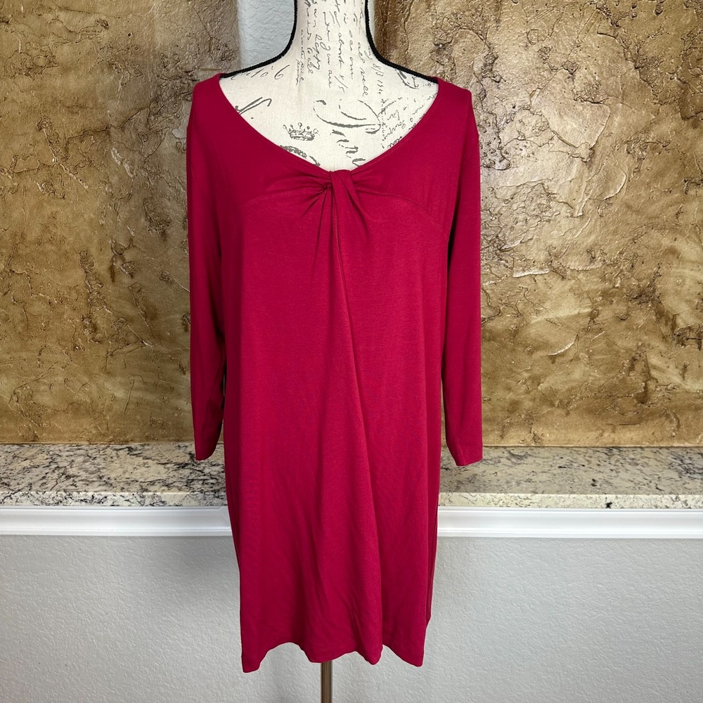 Eileen Fisher Tunic Shirt Dress 1X Plus Twist Front V Neck Cranberry Red Knit‎